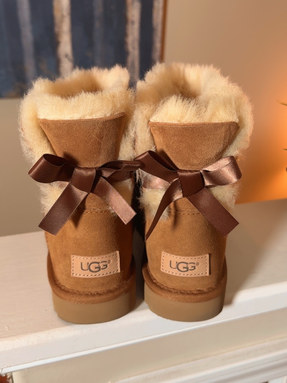 UGG Chestnut Suede Mini Boots with Satin Bow